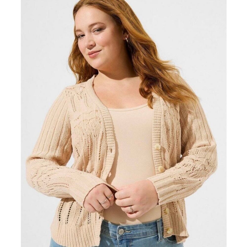Torrid 0X Beige Pointelle Knit V-Neck Long Sleeve Feminine Sweater Cardigan NWT